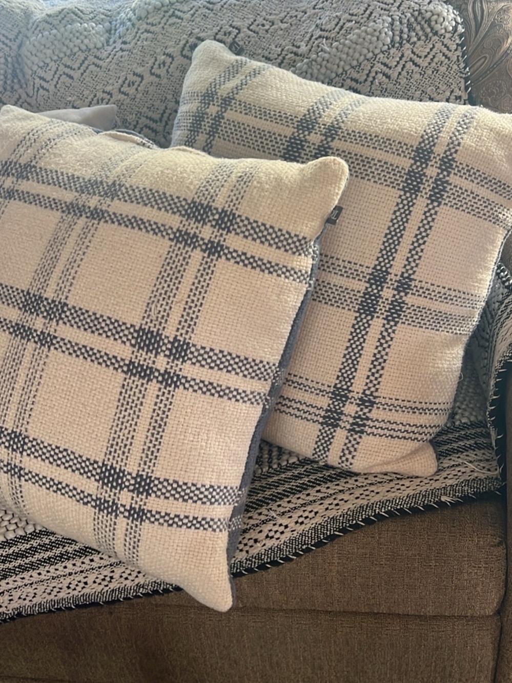 Set of two Cream and Blue Plaid Accent Pillow - Classic Cozy Throw